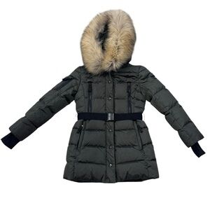 SAM.***Long Olive Green Belt Puffer Jacket Hooded w/Fur Trim***Size 10 $495 EUC